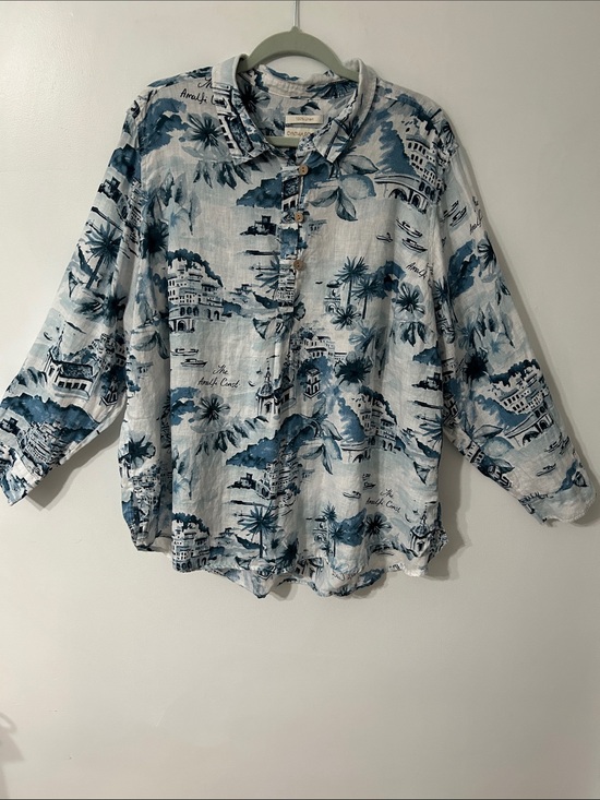 Cynthia Rowley Tops - Cynthia Rowley Linen Blouse Women’s 3X Amalfi Coast Roll Sleeve Blue Popover